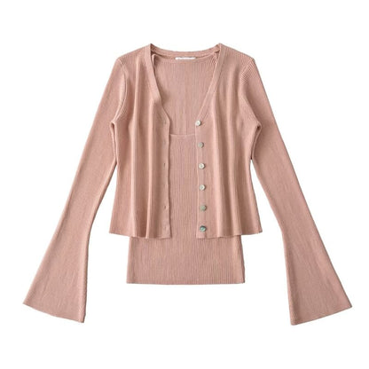 Two-Piece Set: Buttoned V-Neck Cropped Cardigan & Cami Top