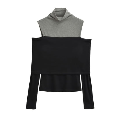 Two-Tone Slim-Fit Top with Mock Two-Piece Design, Turtleneck & Cold Shoulder Sleeves