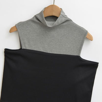 Two-Tone Slim-Fit Top with Mock Two-Piece Design, Turtleneck & Cold Shoulder Sleeves