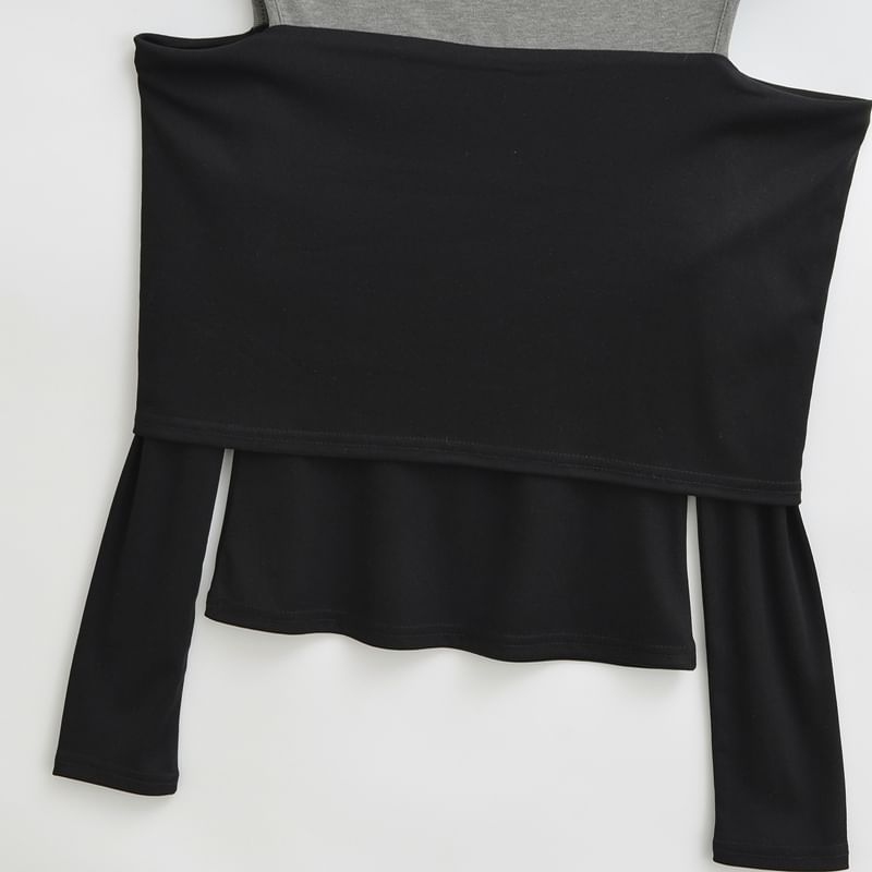 Two-Tone Slim-Fit Top with Mock Two-Piece Design, Turtleneck & Cold Shoulder Sleeves