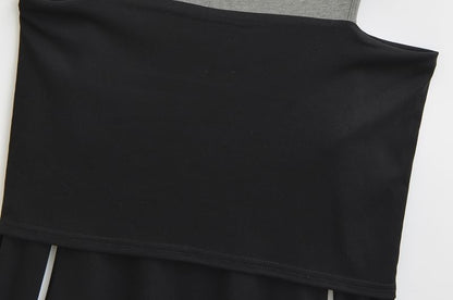 Two-Tone Slim-Fit Top with Mock Two-Piece Design, Turtleneck & Cold Shoulder Sleeves