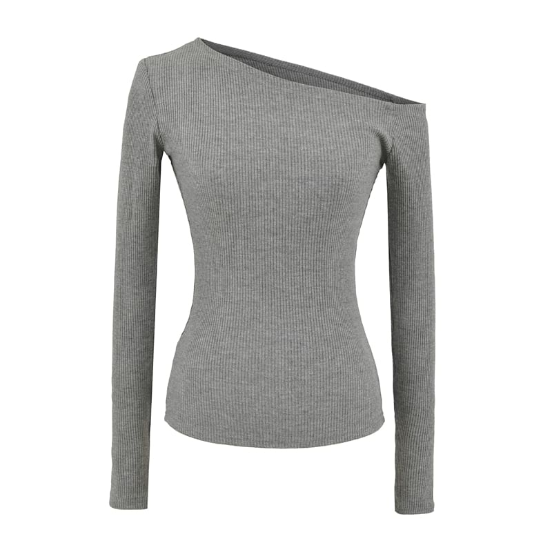 Ribbed Knit Cropped Tee with Off-Shoulder Neckline & Long Sleeves