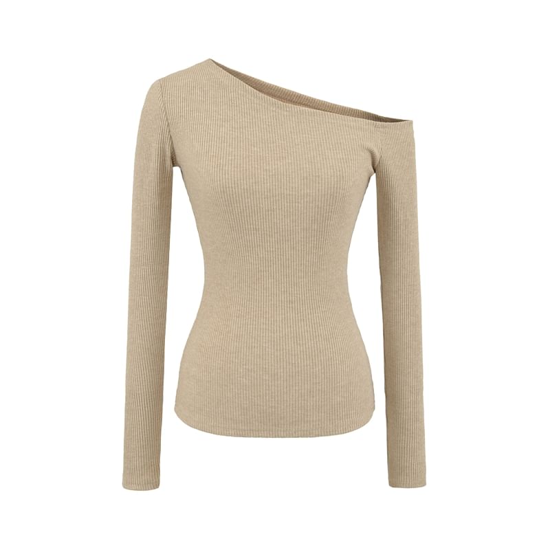 Ribbed Knit Cropped Tee with Off-Shoulder Neckline & Long Sleeves