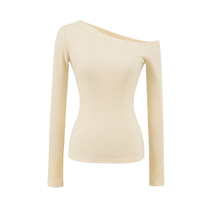 Ribbed Knit Cropped Tee with Off-Shoulder Neckline & Long Sleeves