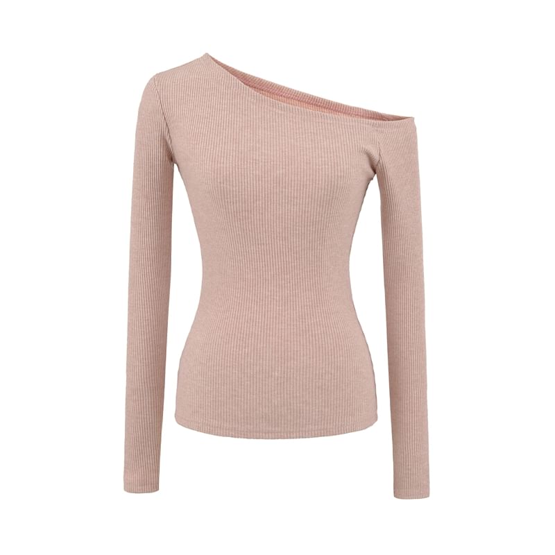 Ribbed Knit Cropped Tee with Off-Shoulder Neckline & Long Sleeves