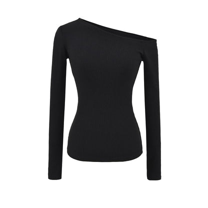 Ribbed Knit Cropped Tee with Off-Shoulder Neckline & Long Sleeves