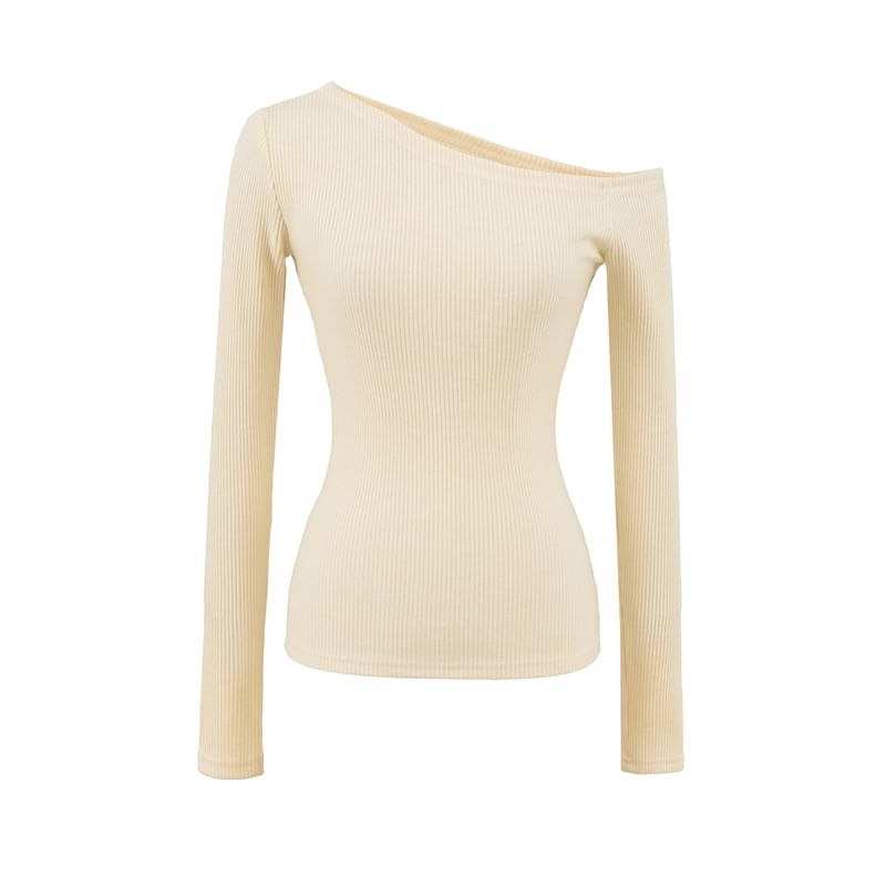 Ribbed Knit Cropped Tee with Off-Shoulder Neckline & Long Sleeves