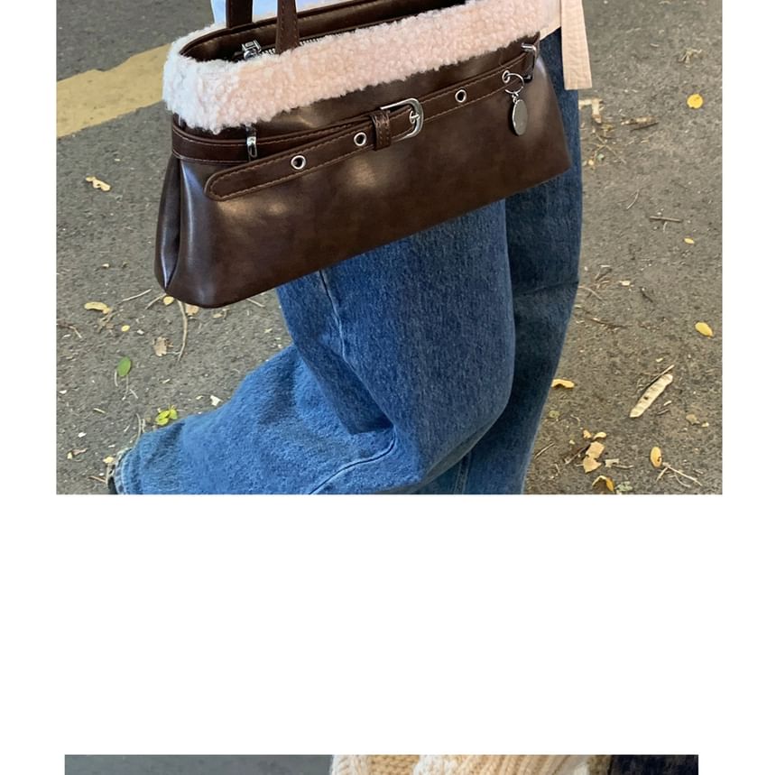 Belted Fleece Panel Faux Leather Shoulder Bag