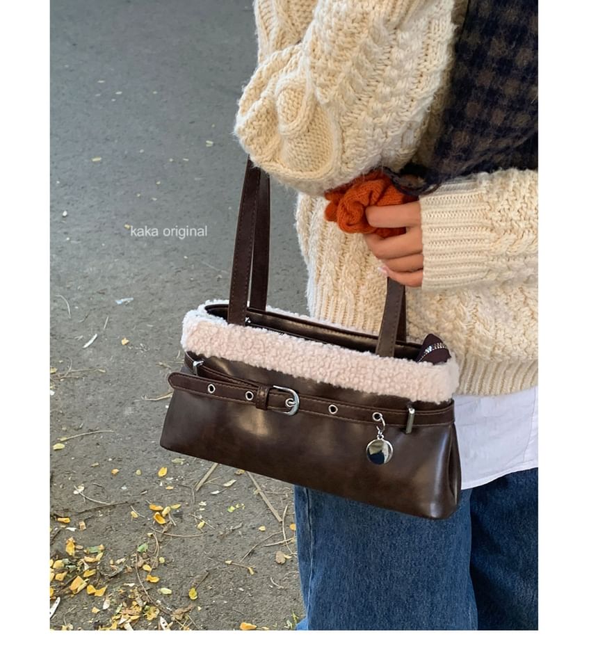 Belted Fleece Panel Faux Leather Shoulder Bag