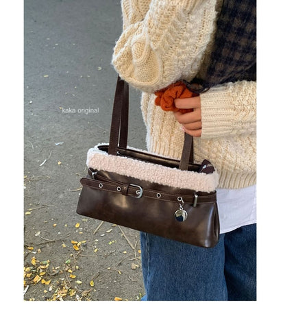 Belted Fleece Panel Faux Leather Shoulder Bag