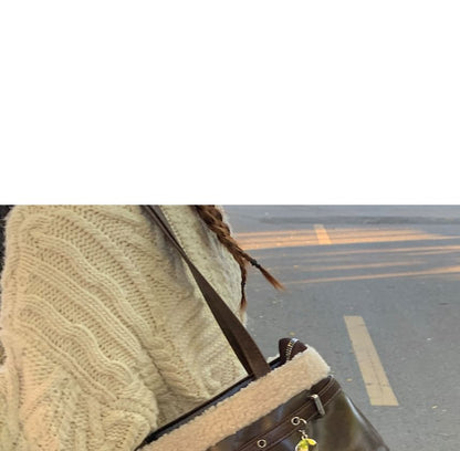 Belted Fleece Panel Faux Leather Shoulder Bag