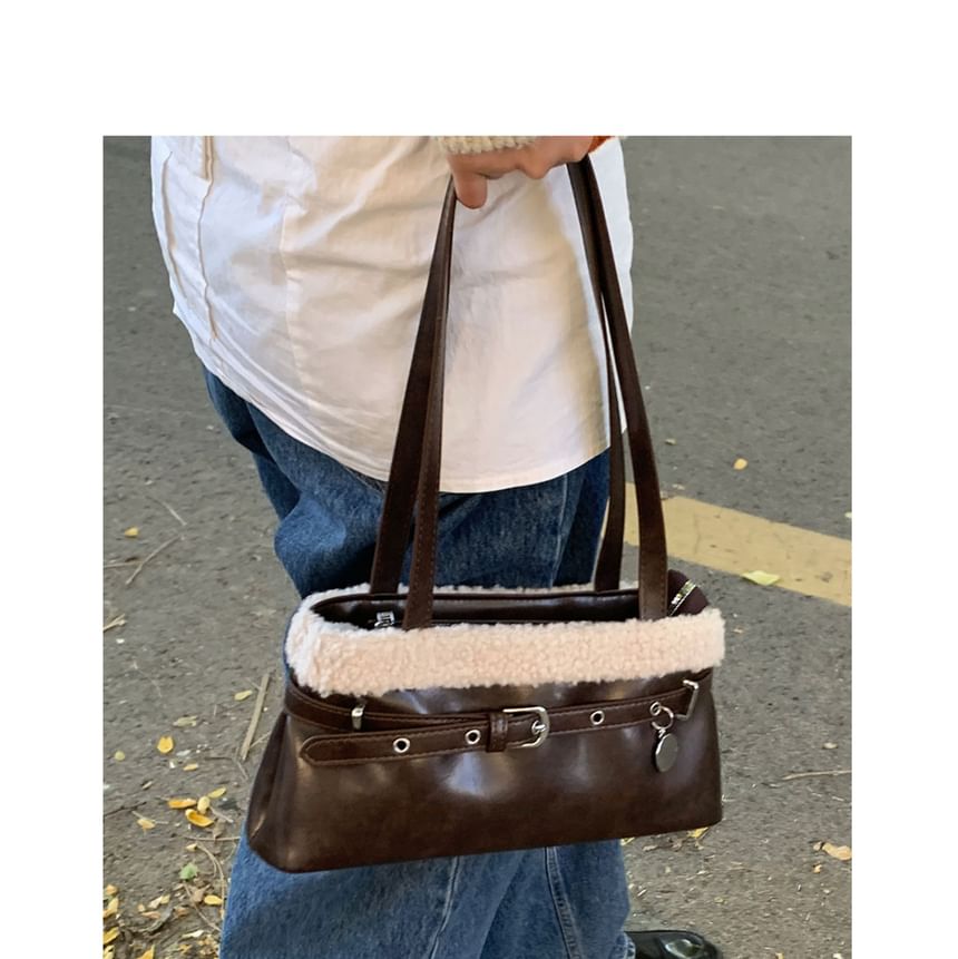 Belted Fleece Panel Faux Leather Shoulder Bag