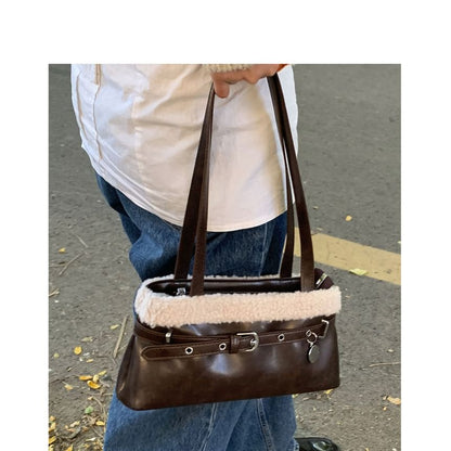 Belted Fleece Panel Faux Leather Shoulder Bag