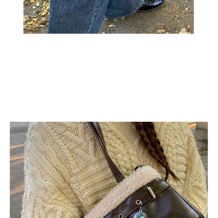 Belted Fleece Panel Faux Leather Shoulder Bag