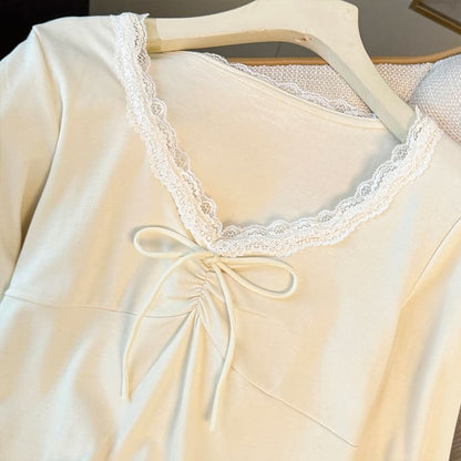 V-Neck Lace Trim Ruffled Hem Slim-Fit Top