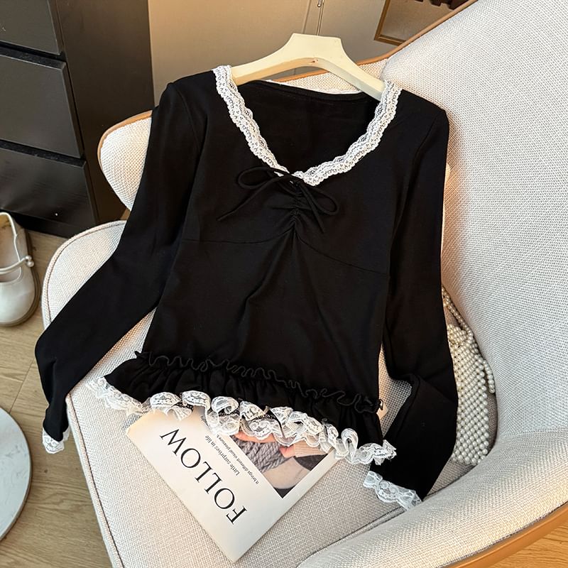 V-Neck Lace Trim Ruffled Hem Slim-Fit Top