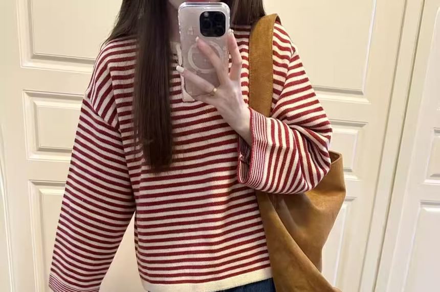 Striped Henley Crewneck Long-Sleeve Knit Pullover Top