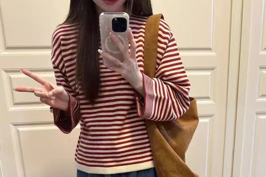 Striped Henley Crewneck Long-Sleeve Knit Pullover Top