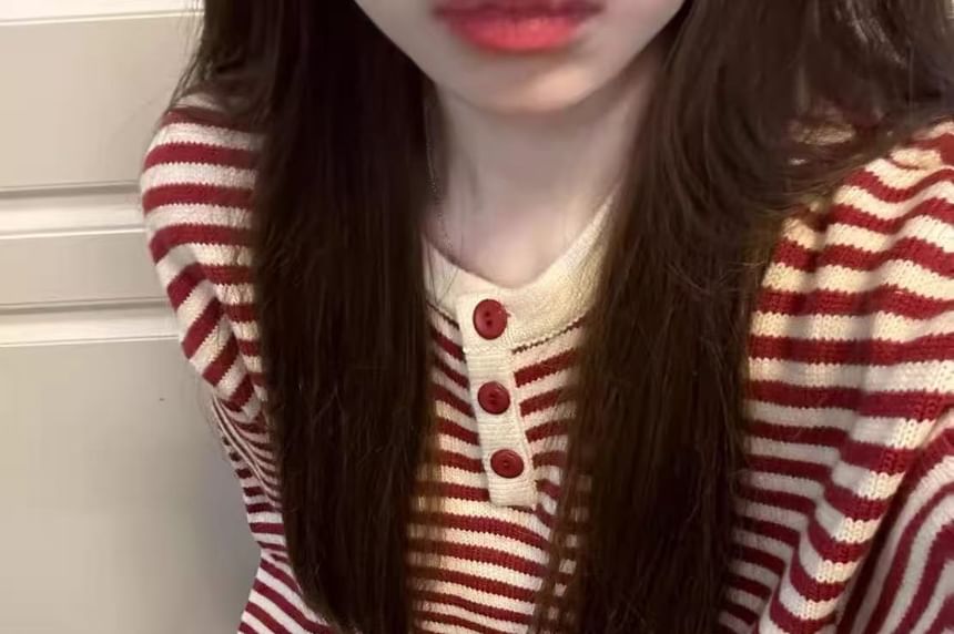 Striped Henley Crewneck Long-Sleeve Knit Pullover Top