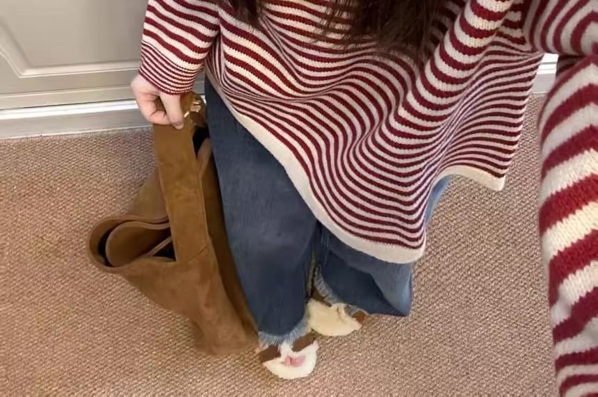 Striped Henley Crewneck Long-Sleeve Knit Pullover Top