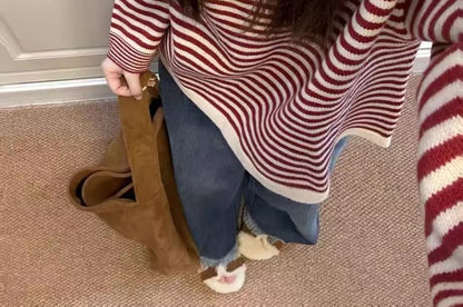 Striped Henley Crewneck Long-Sleeve Knit Pullover Top