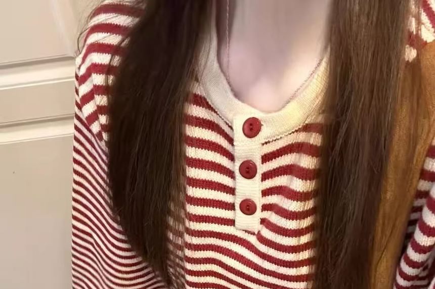 Striped Henley Crewneck Long-Sleeve Knit Pullover Top