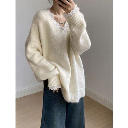 Plain Lace Trim V-Neck Sweater