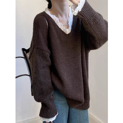 Plain Lace Trim V-Neck Sweater