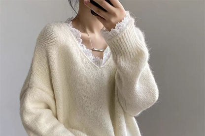Plain Lace Trim V-Neck Sweater