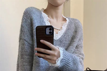 Plain Lace Trim V-Neck Sweater