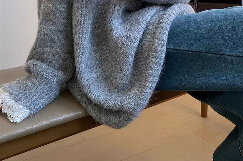 Plain Lace Trim V-Neck Sweater