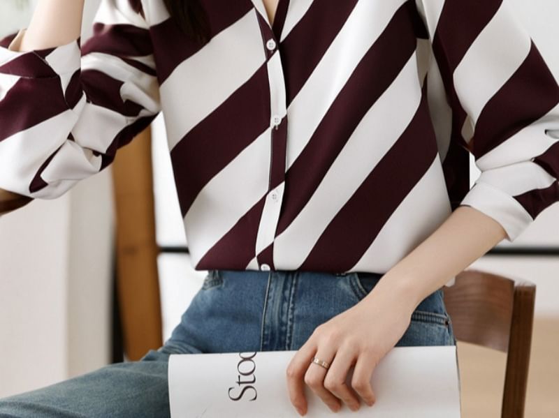 Striped Chiffon Blouse with Long Sleeves