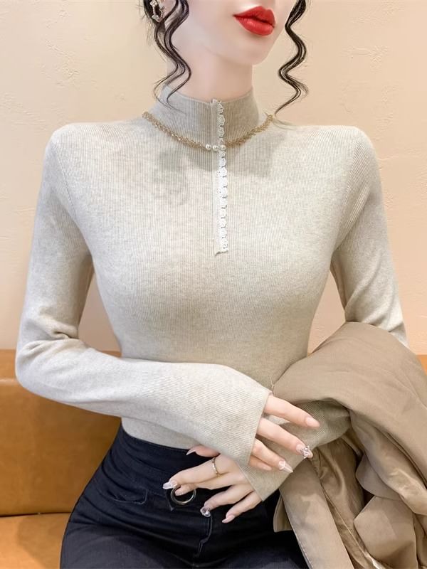 Knit Top with Mock Neck, Half-Zip Front & Long Sleeves