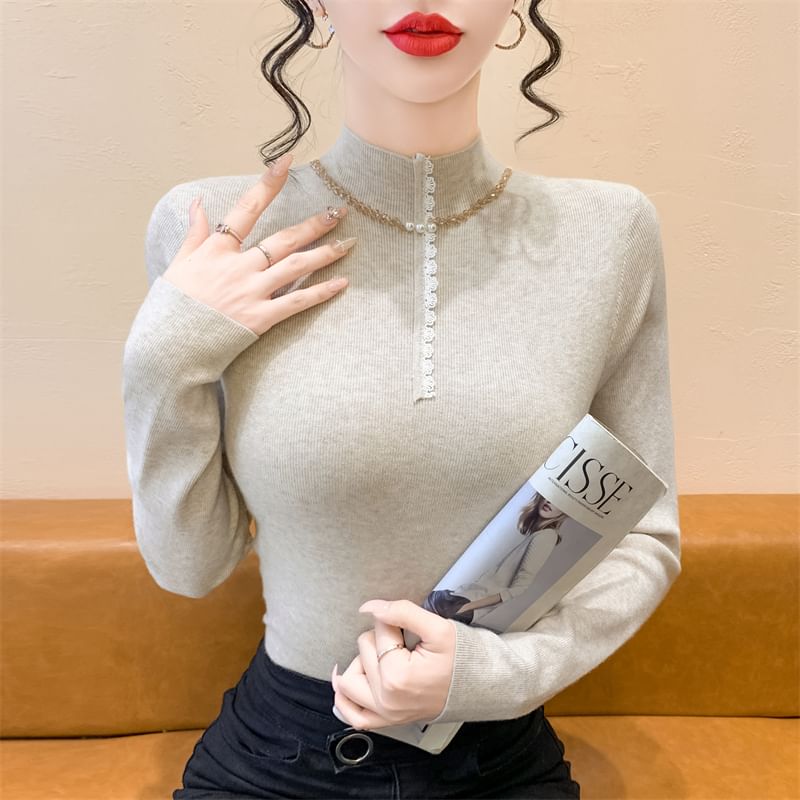 Knit Top with Mock Neck, Half-Zip Front & Long Sleeves