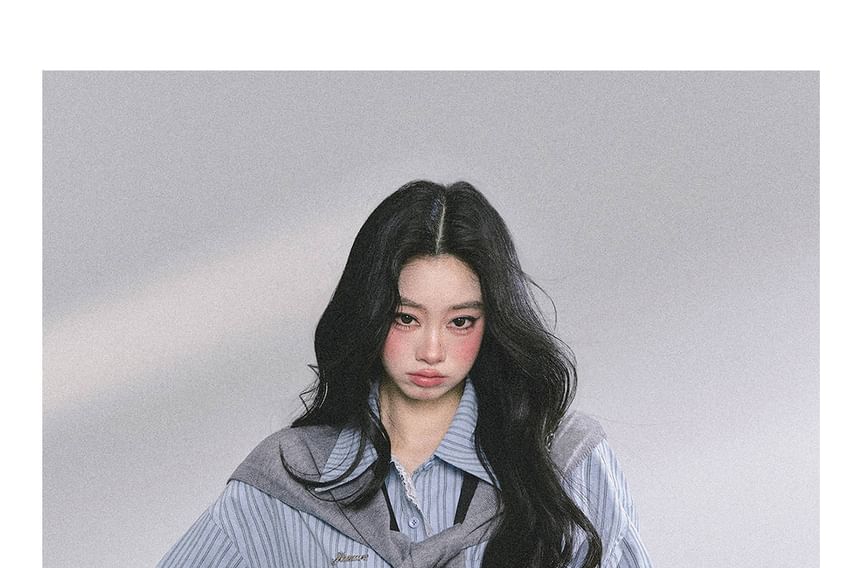 Striped Lace Panel Sashed Long Sleeve Shirt
