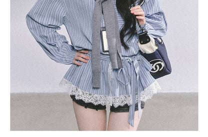 Striped Lace Panel Sashed Long Sleeve Shirt