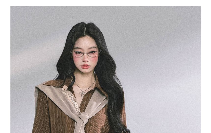 Striped Lace Panel Sashed Long Sleeve Shirt