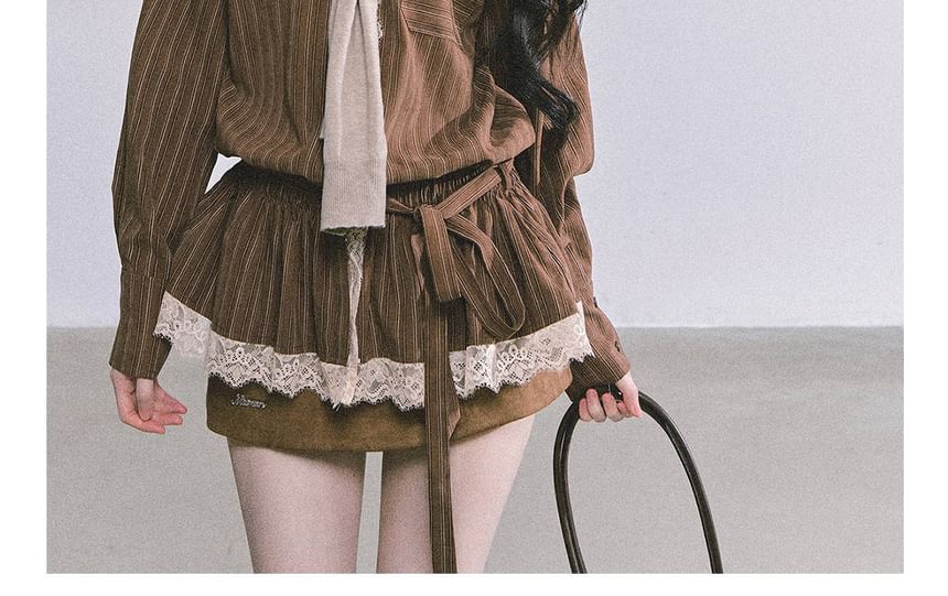 Striped Lace Panel Sashed Long Sleeve Shirt