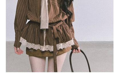 Striped Lace Panel Sashed Long Sleeve Shirt