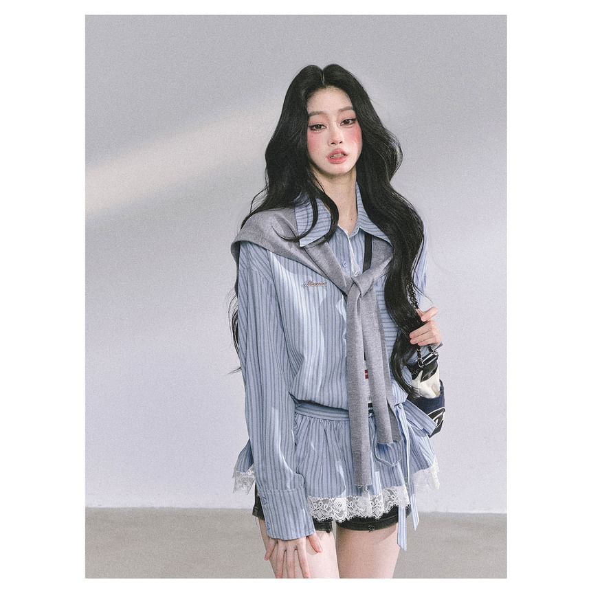 Striped Lace Panel Sashed Long Sleeve Shirt