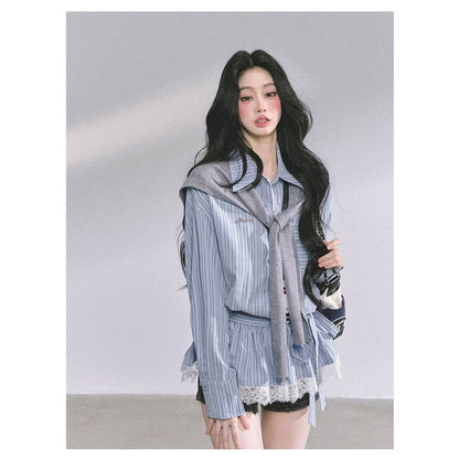 Striped Lace Panel Sashed Long Sleeve Shirt