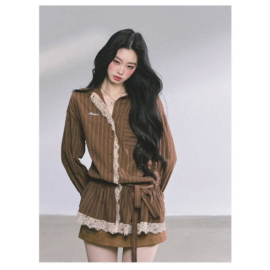 Striped Lace Panel Sashed Long Sleeve Shirt