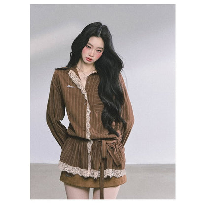Striped Lace Panel Sashed Long Sleeve Shirt