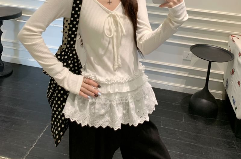 Lace Flowy Plain V-Neck Top with Long Sleeves