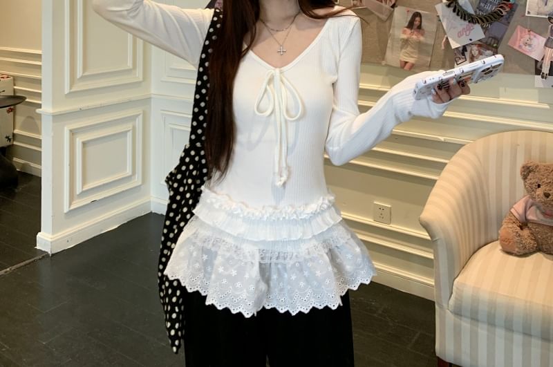 Lace Flowy Plain V-Neck Top with Long Sleeves