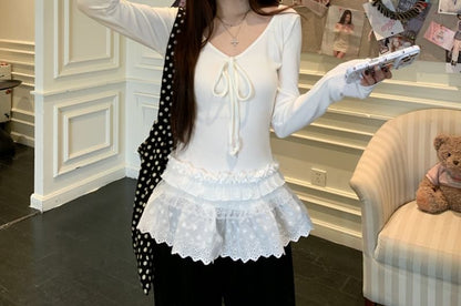 Lace Flowy Plain V-Neck Top with Long Sleeves