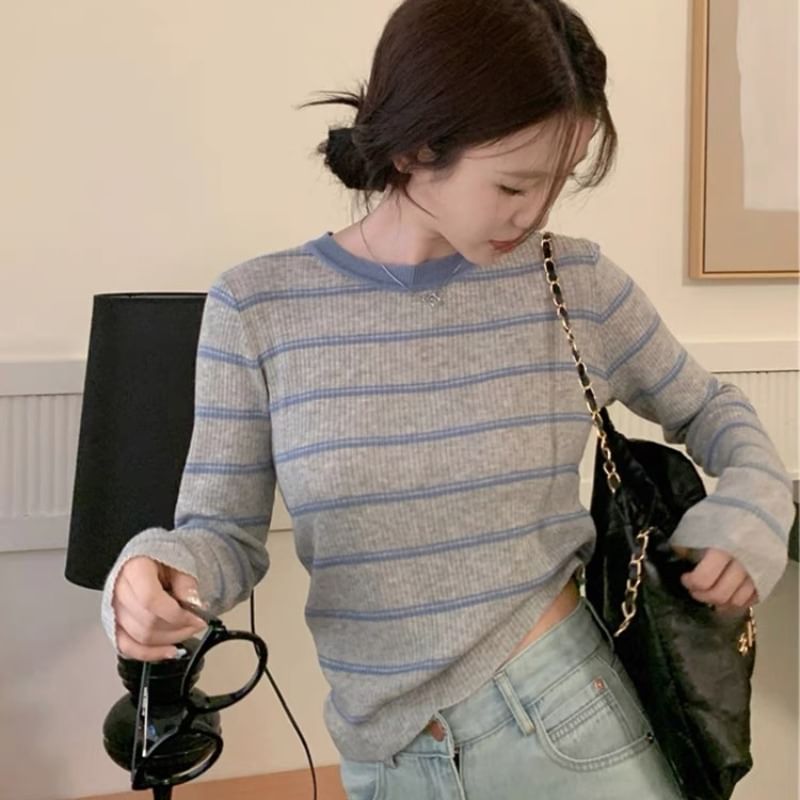 Striped Ribbed Knit Round Neck Top with Long Sleeves