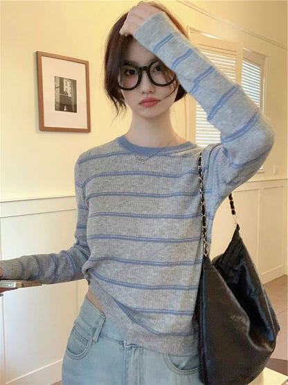 Striped Ribbed Knit Round Neck Top with Long Sleeves