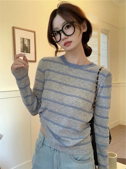 Striped Ribbed Knit Round Neck Top with Long Sleeves