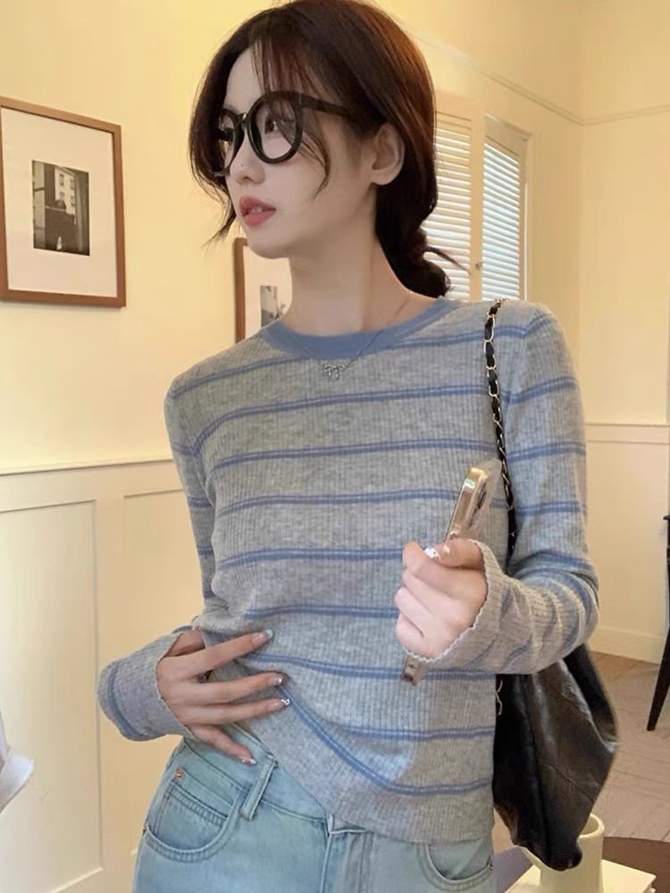 Striped Ribbed Knit Round Neck Top with Long Sleeves